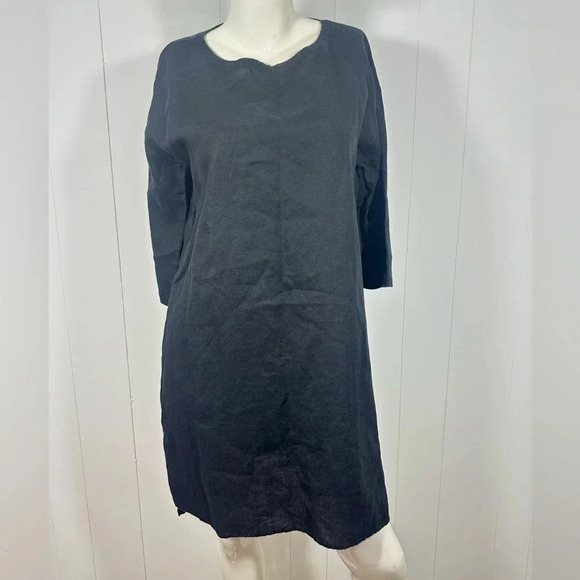 Eileen Fisher Top Black Tunic 100% Organic Linen Lagenlook Coastal Sz S Petite - Picture 1 of 10